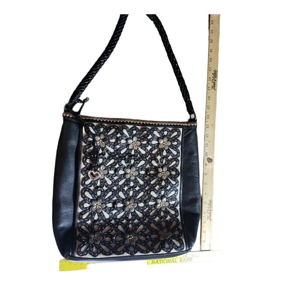 Brighton Black 3-D Floral Applique Weaved Handel Bucket Purse Bag - Picture 4 of 12